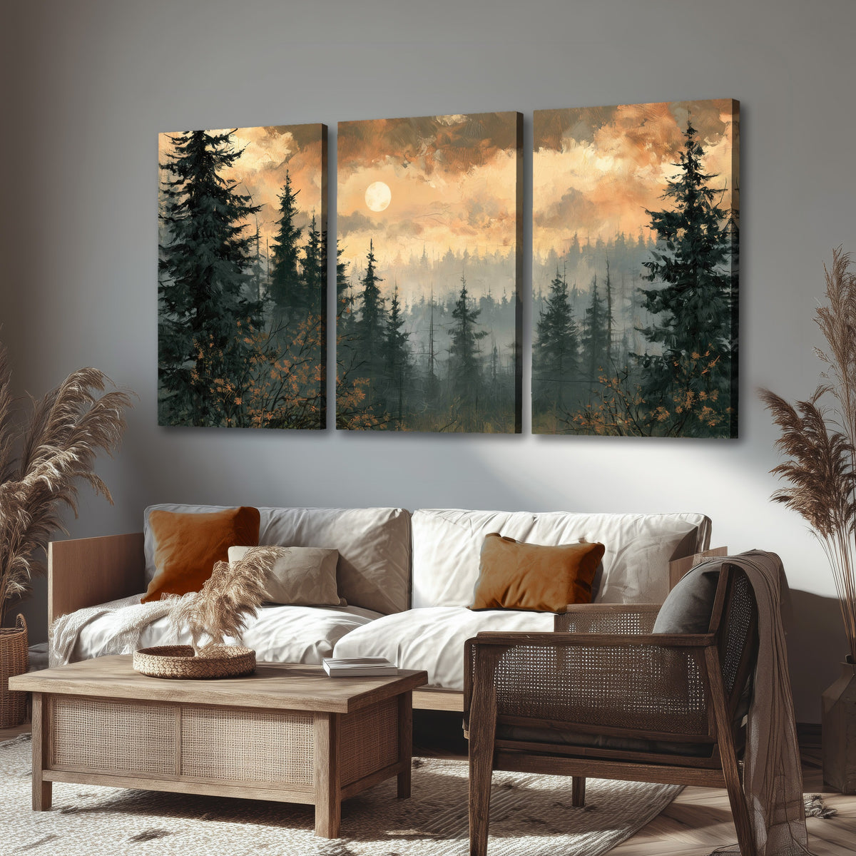 Misty pine forest painting 3 piece canvas wall art in a rustic living room