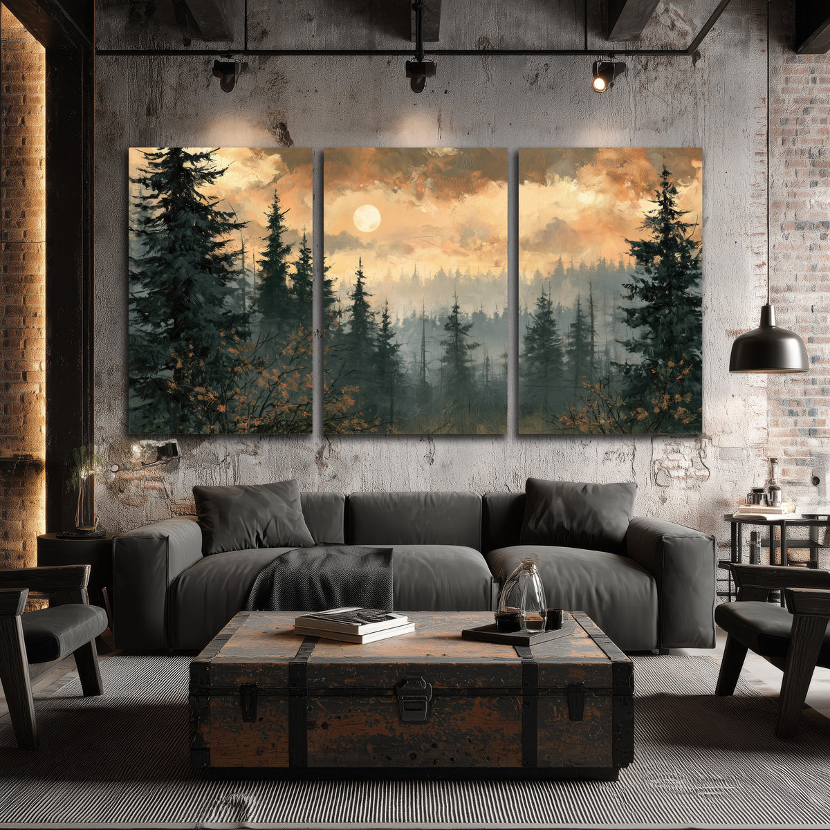 Misty pine forest painting 3 piece canvas wall art in an industrial loft