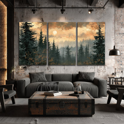 Misty pine forest painting 3 piece canvas wall art in an industrial loft