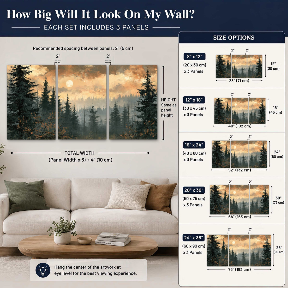 Misty pine forest painting 3 piece canvas wall art size guide above a sofa