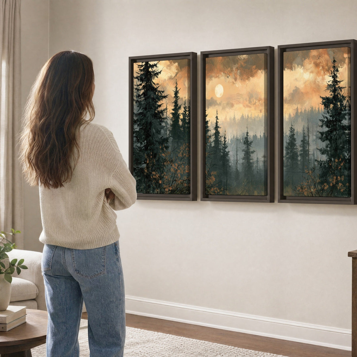 Misty pine forest painting 3 piece framed canvas in a living room
