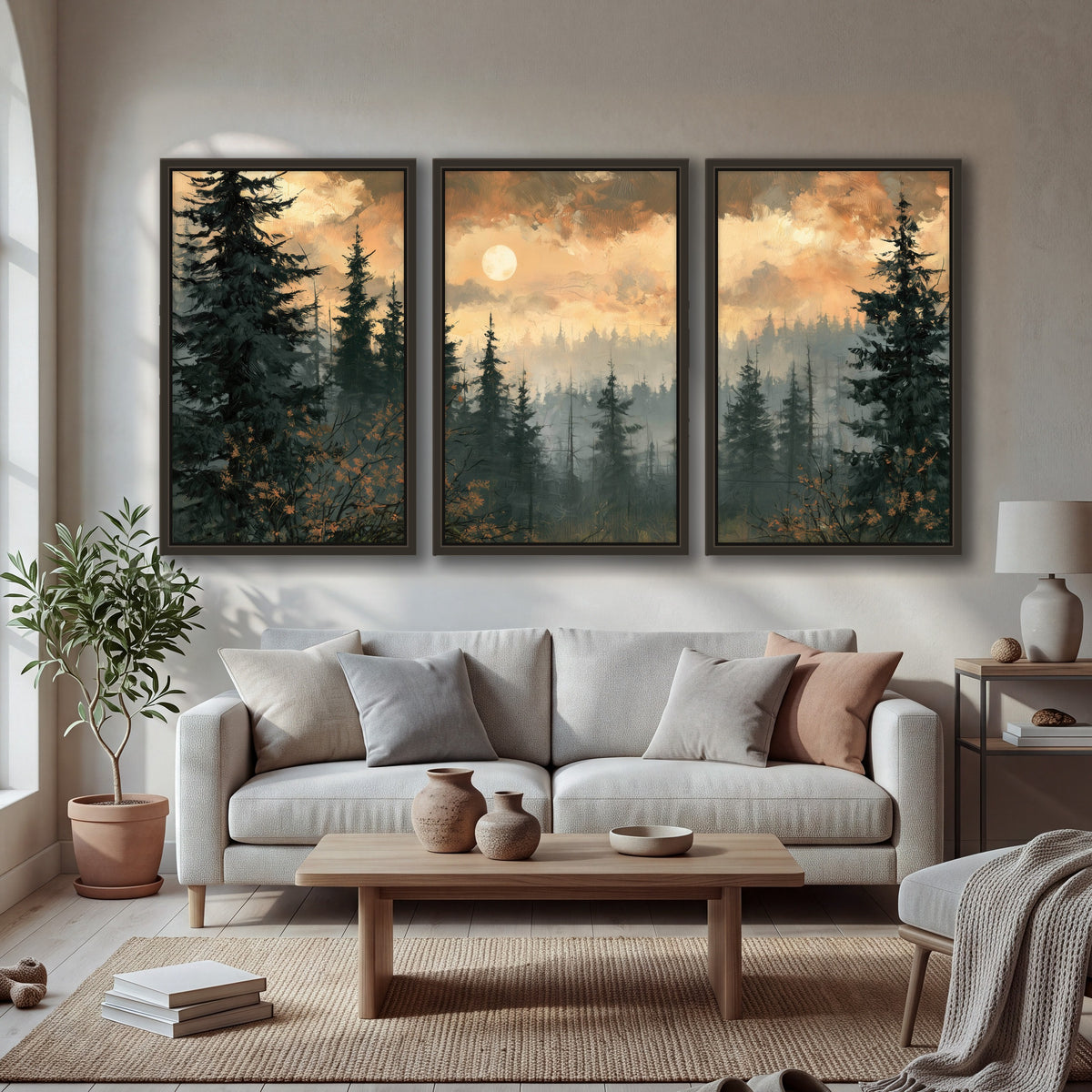 Misty pine forest painting 3 piece framed canvas in a bright living room