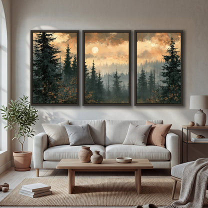 Misty pine forest painting 3 piece framed canvas in a bright living room
