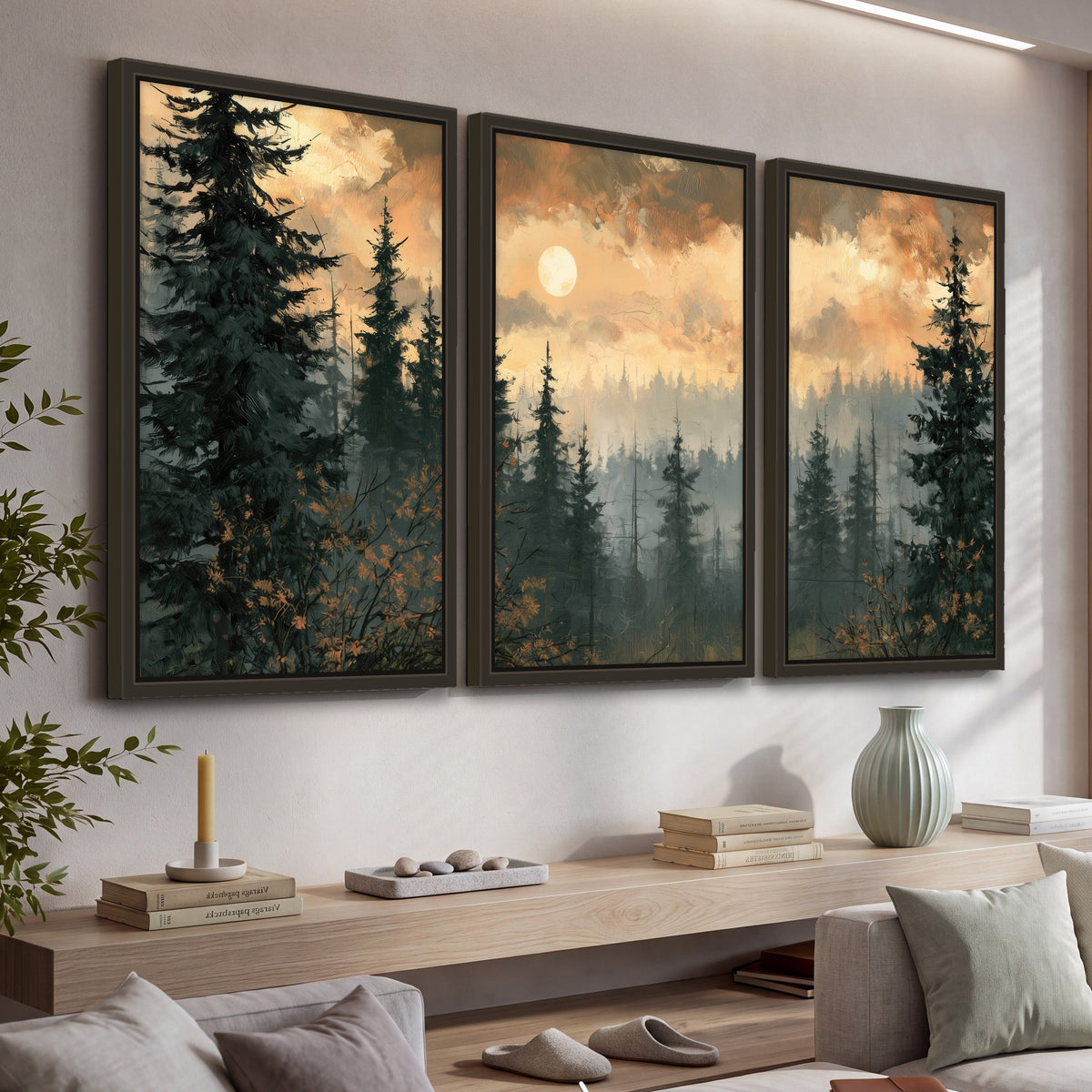 Misty pine forest painting 3 piece framed canvas in a living room above a console