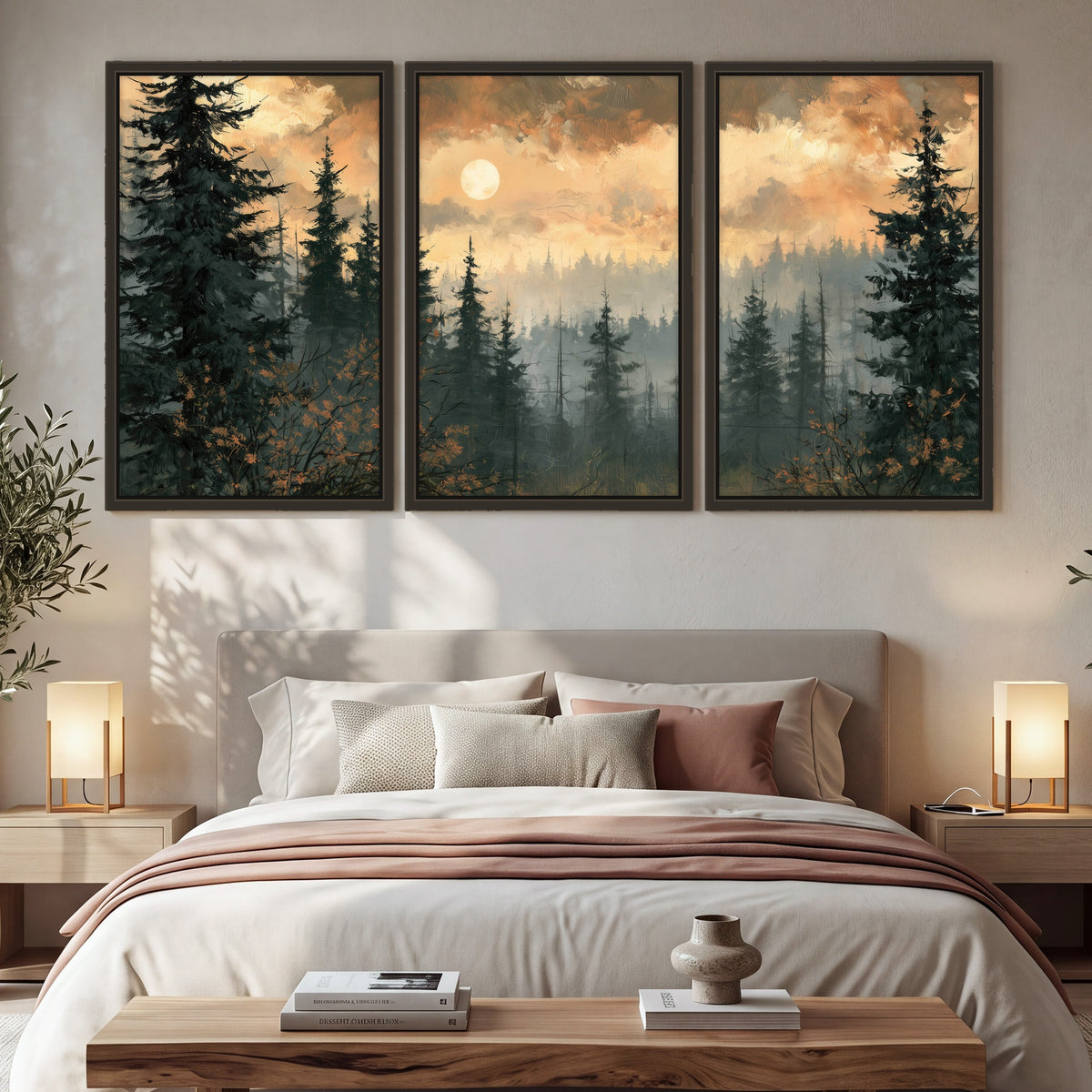 Misty pine forest painting 3 piece framed canvas in a bedroom above the bed