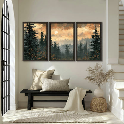 Misty pine forest painting 3 piece framed canvas in an entryway above a bench