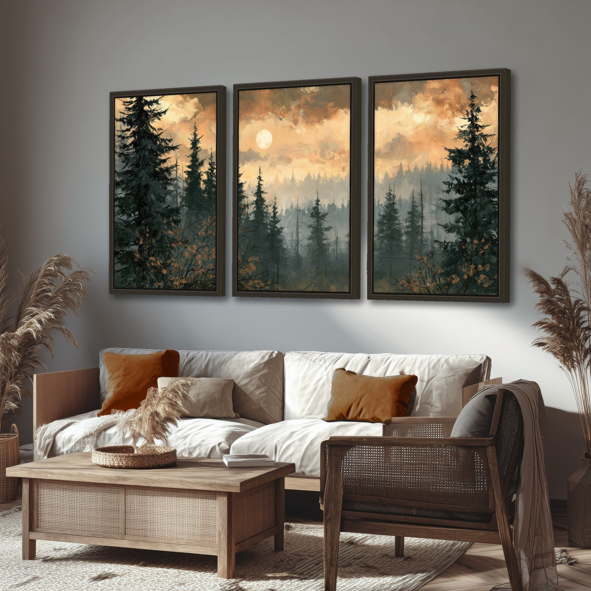 Misty pine forest painting 3 piece framed canvas in a rustic living room
