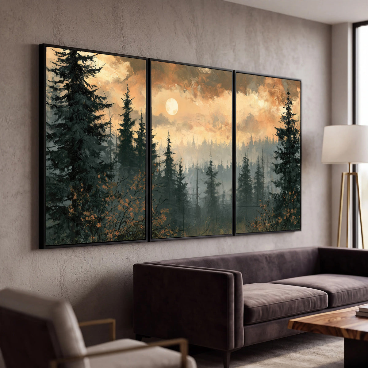 Misty pine forest painting 3 piece framed canvas in a modern living room