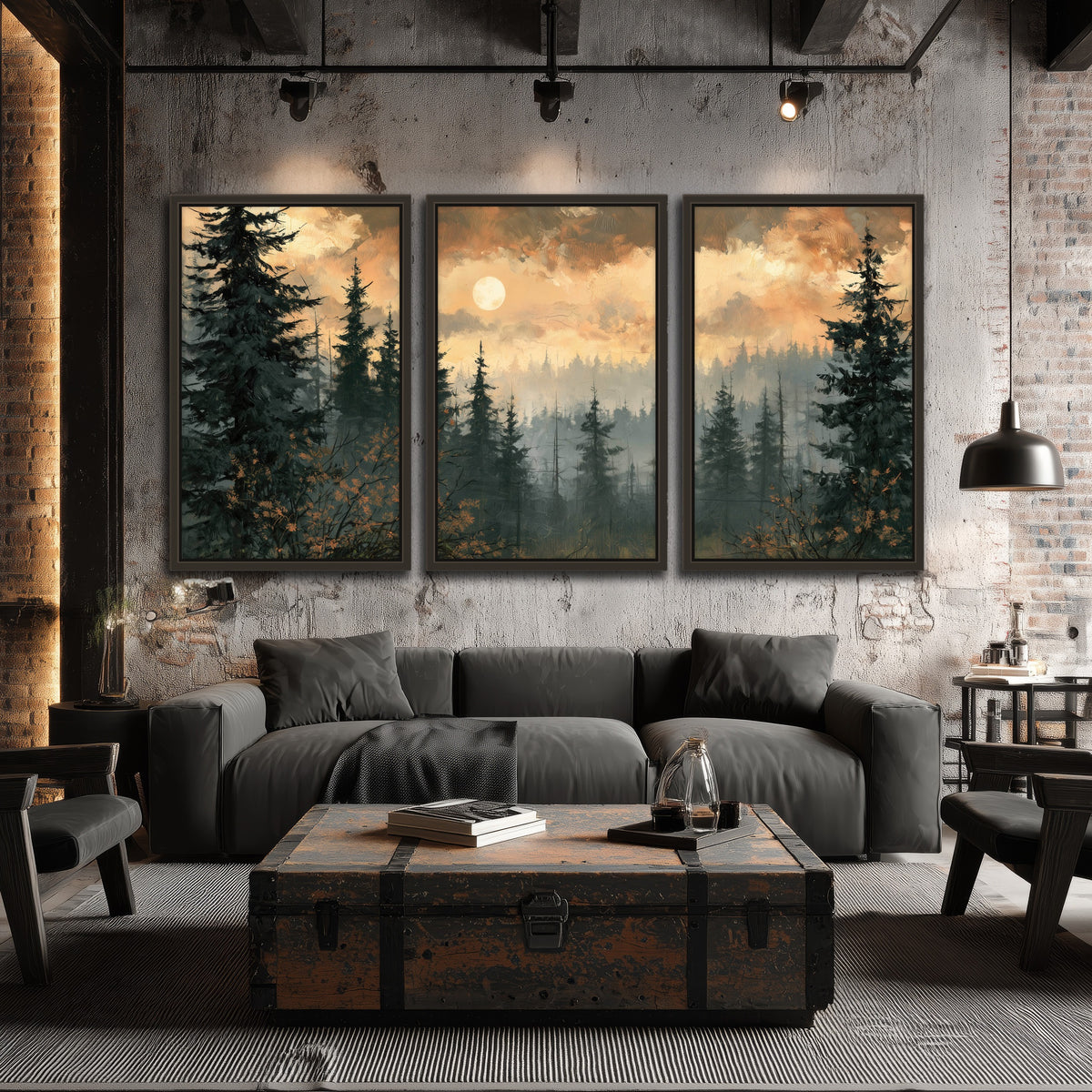 Misty pine forest painting 3 piece framed canvas in an industrial loft