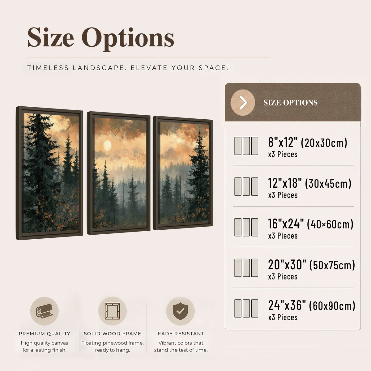 Misty pine forest painting 3 piece framed canvas size options