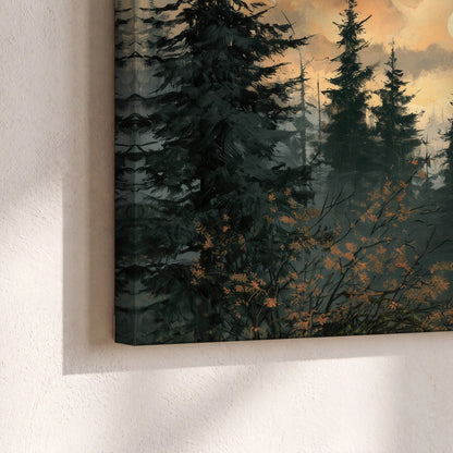 Misty pine forest painting canvas print close-up showing the gallery-wrapped edge