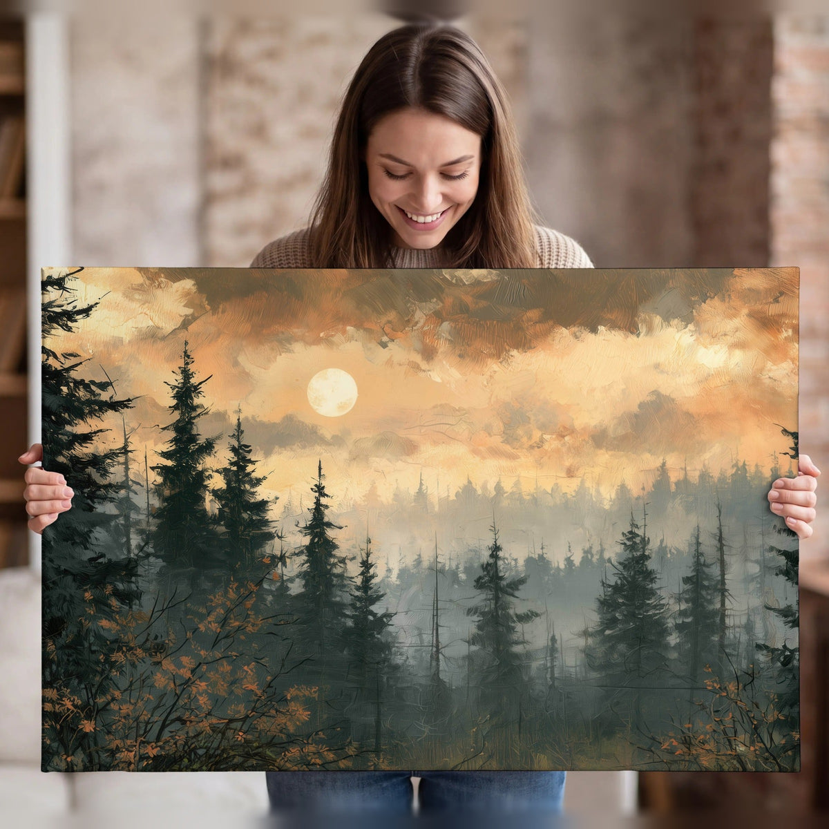 Misty pine forest painting canvas wall art held in hands