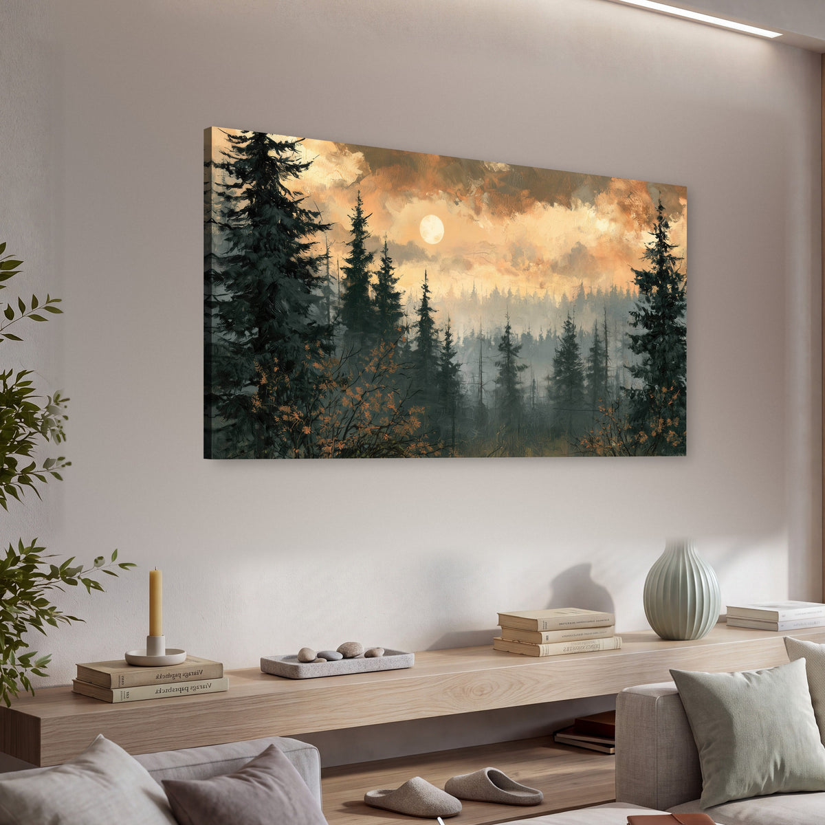 Misty pine forest painting canvas wall art in a living room above a console