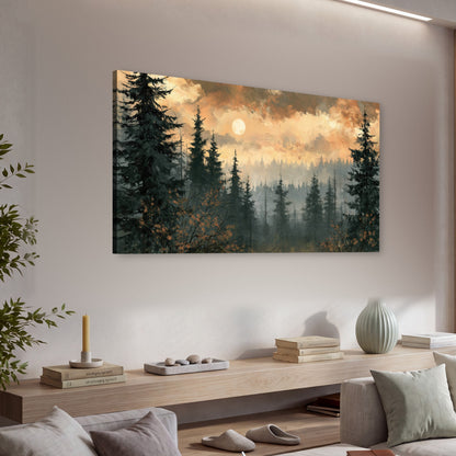 Misty pine forest painting canvas wall art in a living room above a console