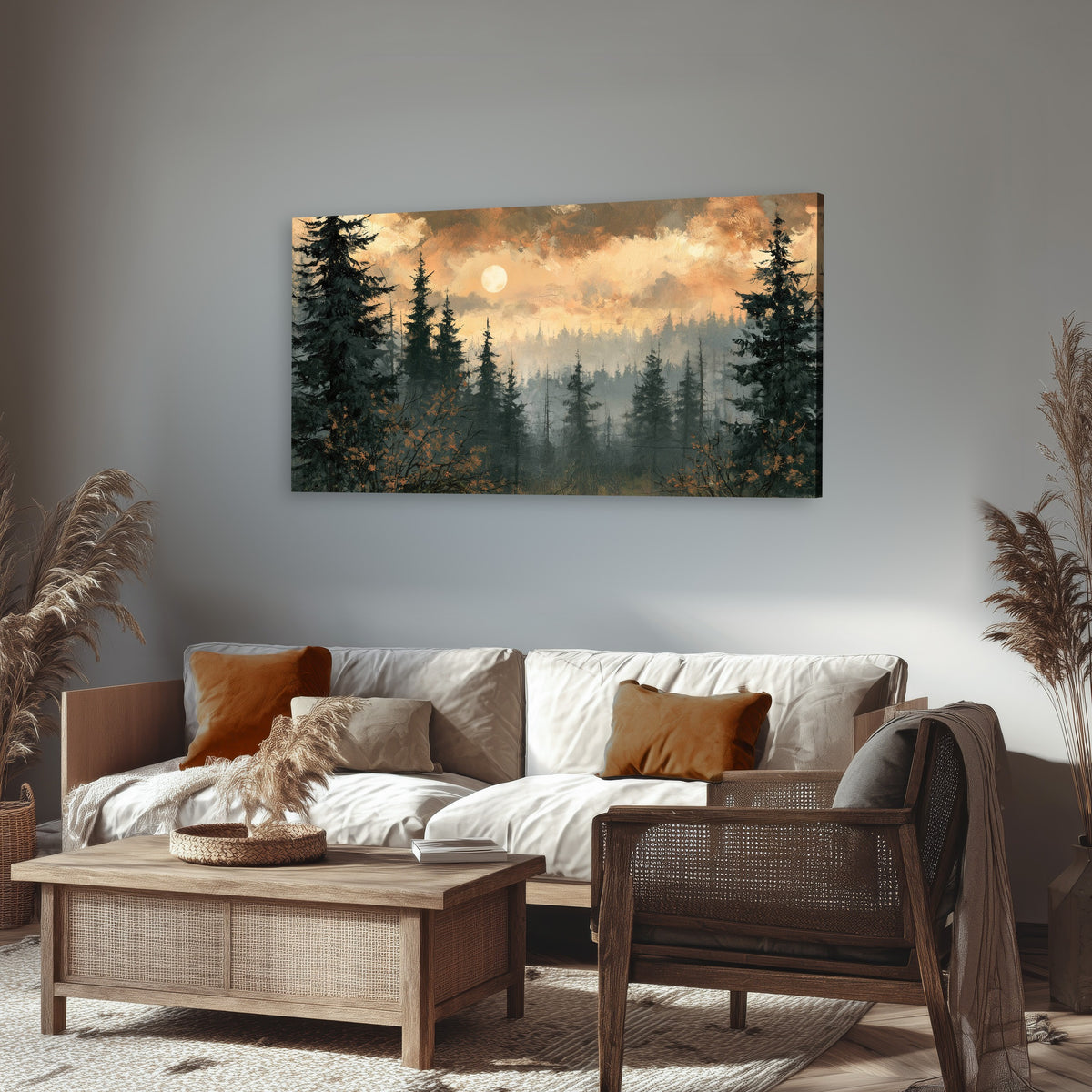 Misty pine forest painting canvas wall art in a rustic living room