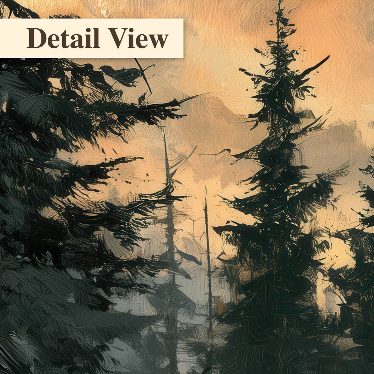 Misty pine forest painting detail close-up