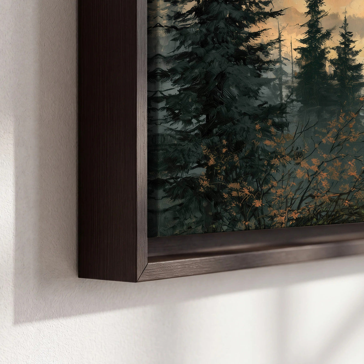 Misty pine forest painting framed canvas close-up showing the floating frame