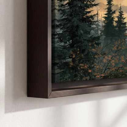 Misty pine forest painting framed canvas close-up showing the floating frame
