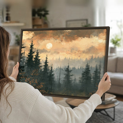 Misty pine forest painting framed canvas held in hands