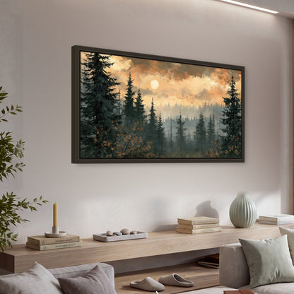 Misty pine forest painting framed canvas wall art in a living room above a console