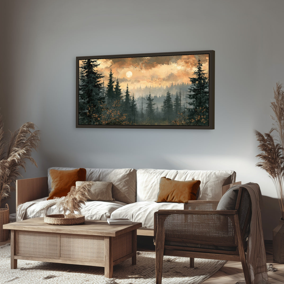 Misty pine forest painting framed canvas wall art in a rustic living room