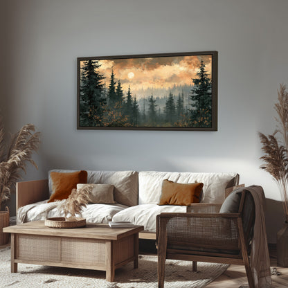 Misty pine forest painting framed canvas wall art in a rustic living room
