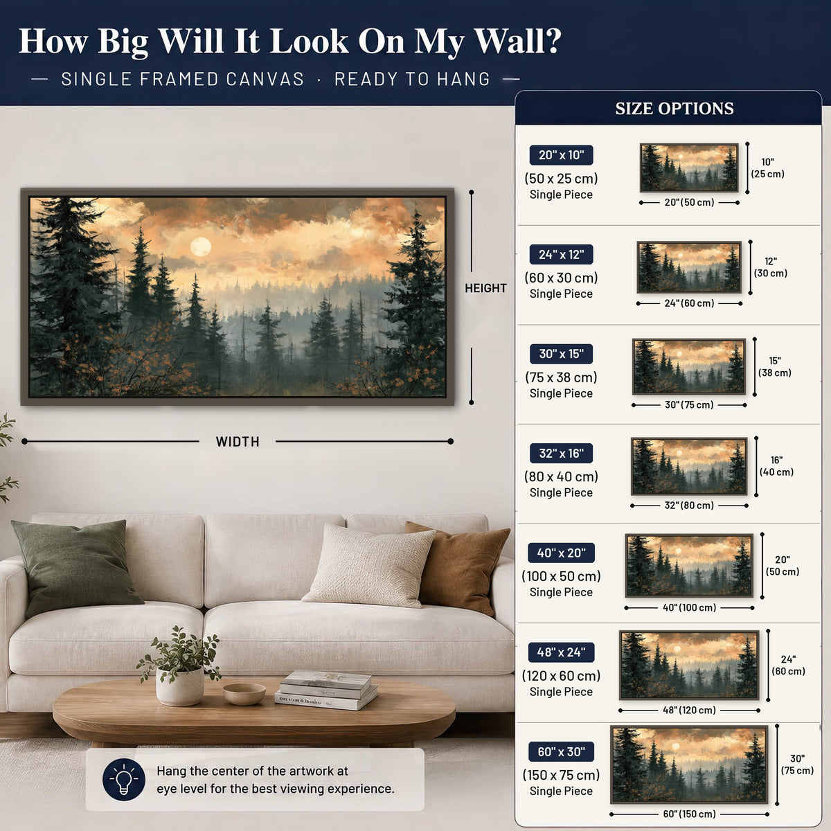 Misty pine forest painting framed canvas wall art size guide above a sofa
