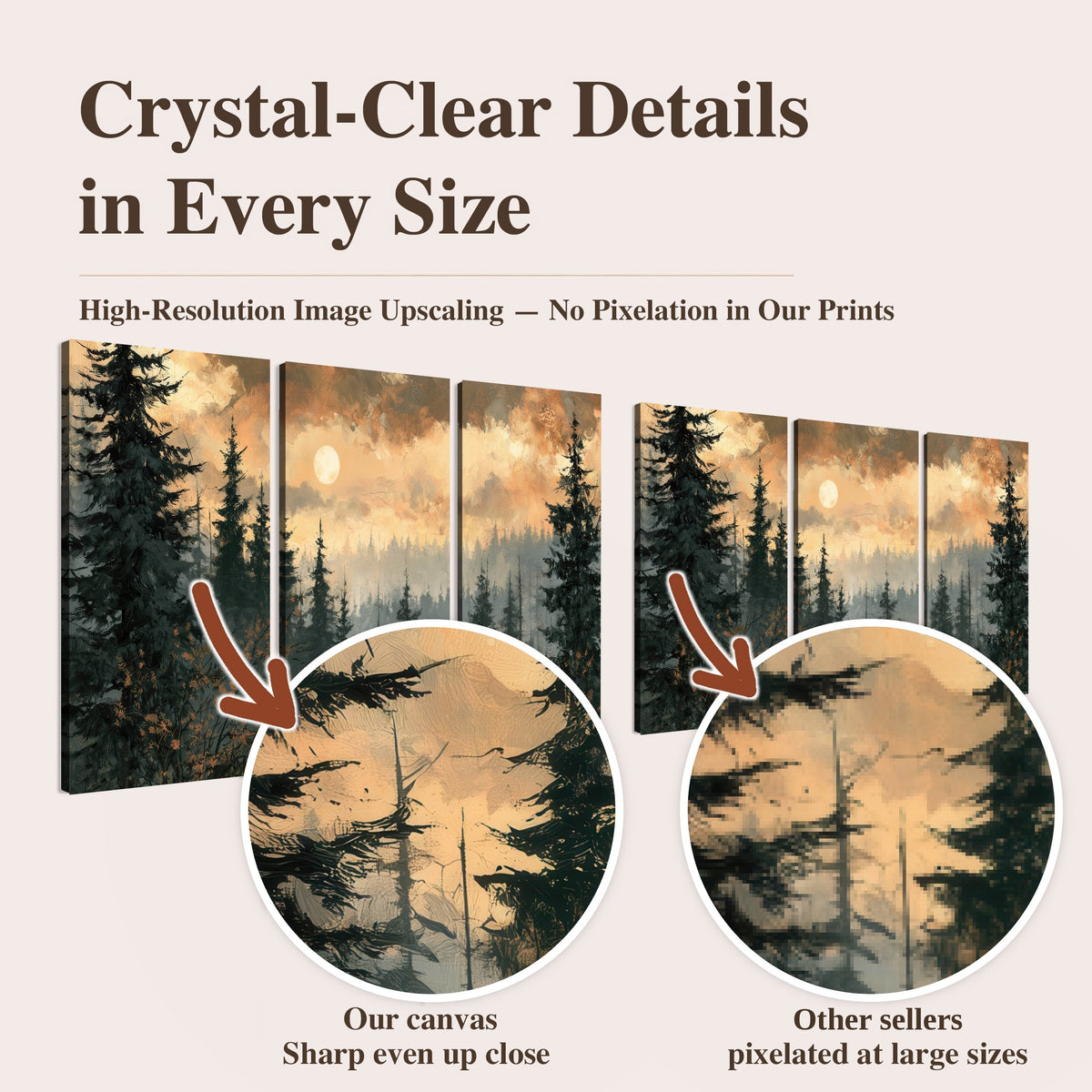 Misty pine forest painting high-resolution print quality comparison