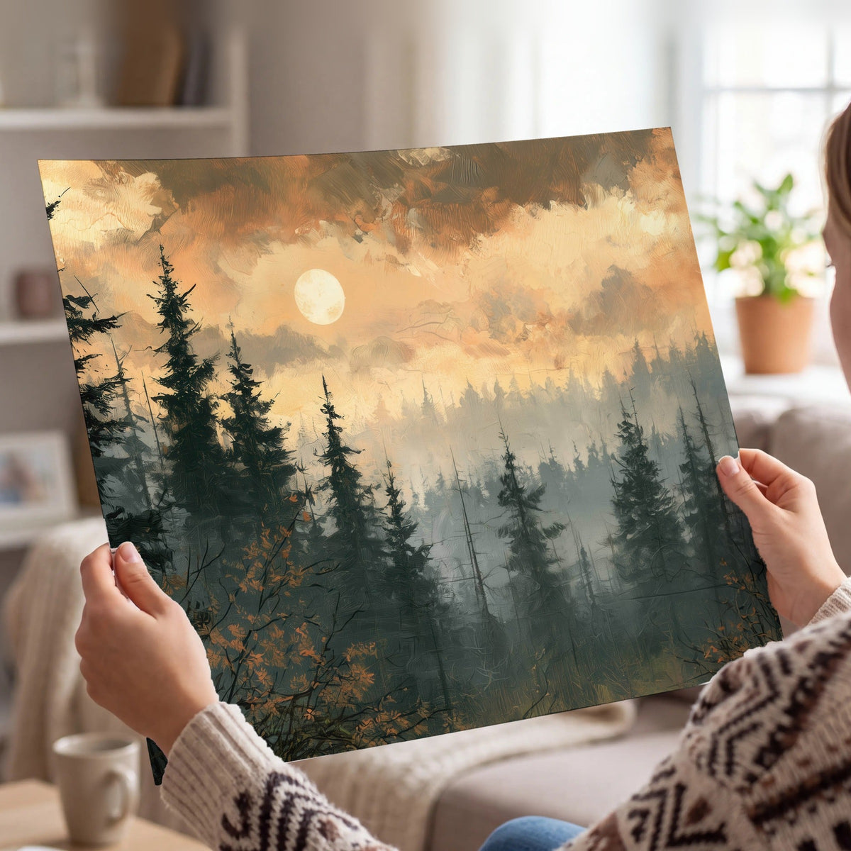 Misty pine forest painting poster print held in hands