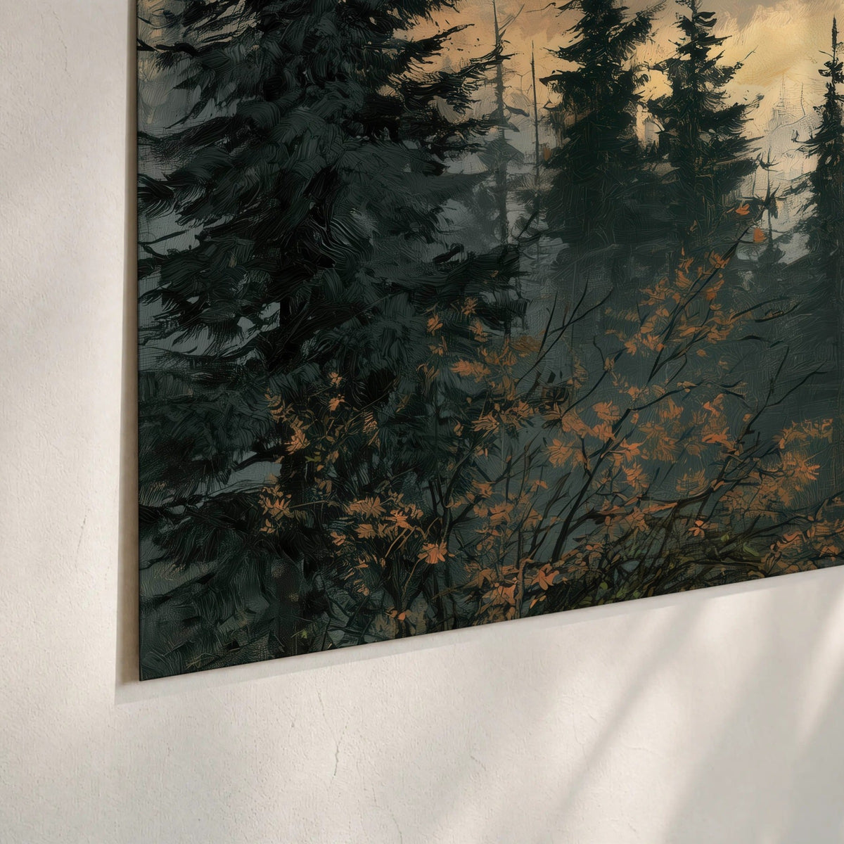 Misty pine forest painting poster print close-up on matte paper