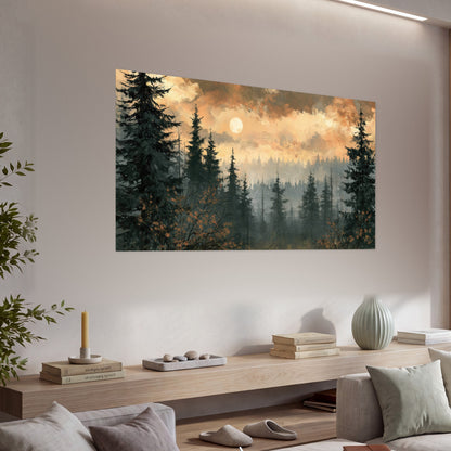 Misty pine forest painting poster print in a living room above a console