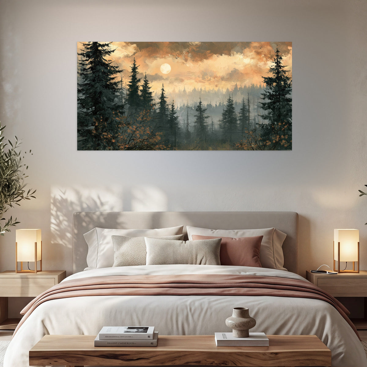 Misty pine forest painting poster print in a bedroom above the bed