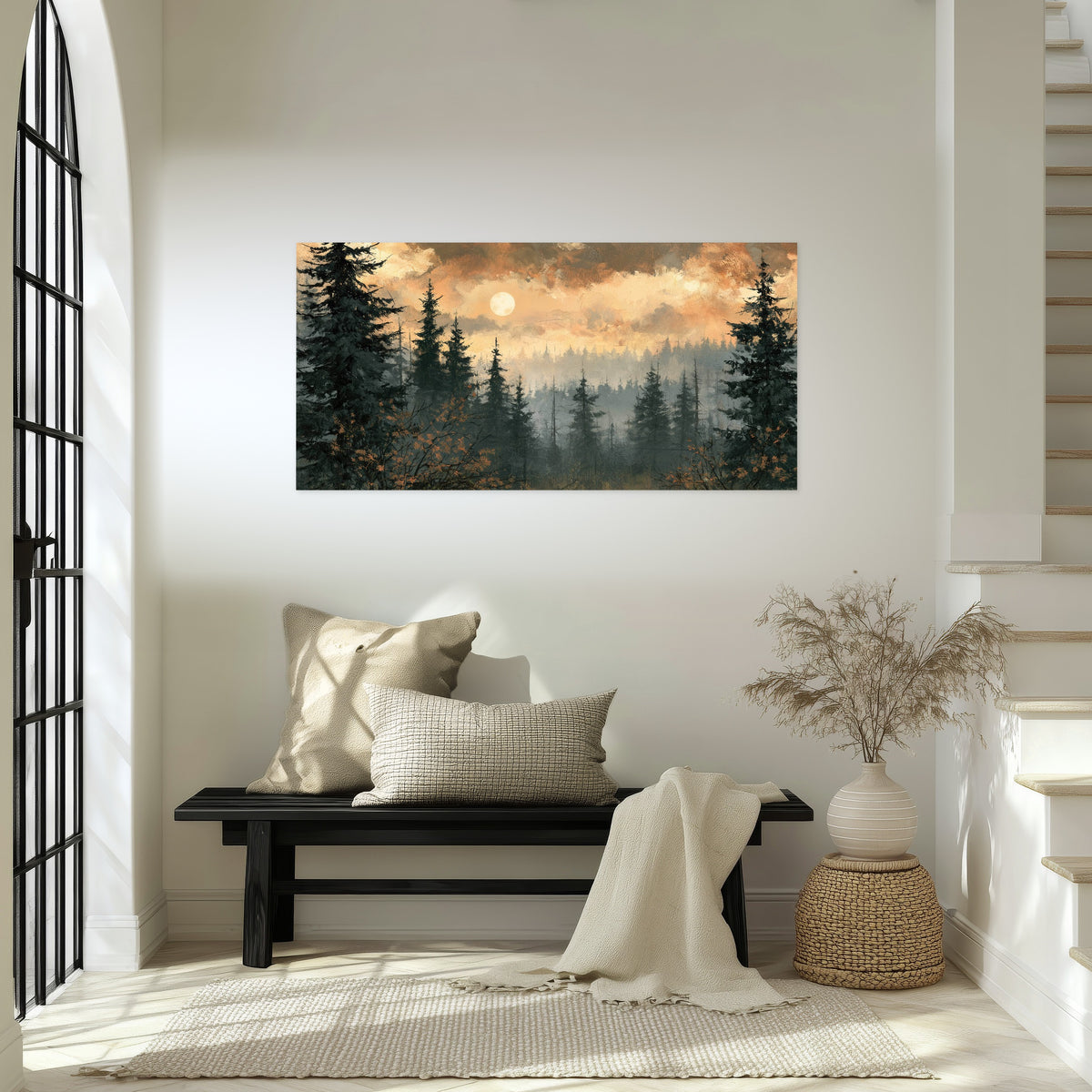 Misty pine forest painting poster print in an entryway above a bench