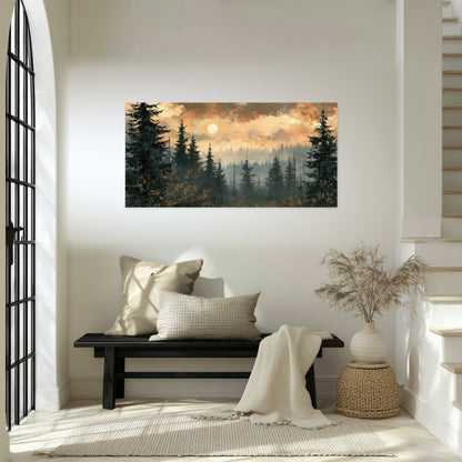 Misty pine forest painting poster print in an entryway above a bench