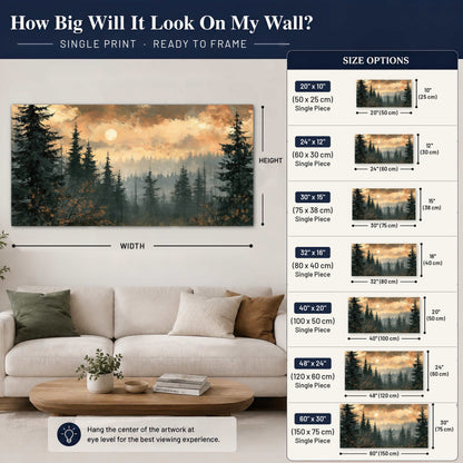 Misty pine forest painting poster print size guide above a sofa
