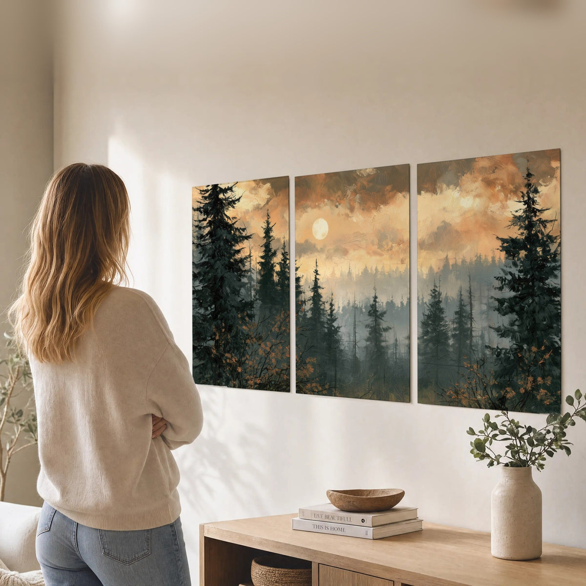 Misty pine forest painting set of 3 poster prints in a living room