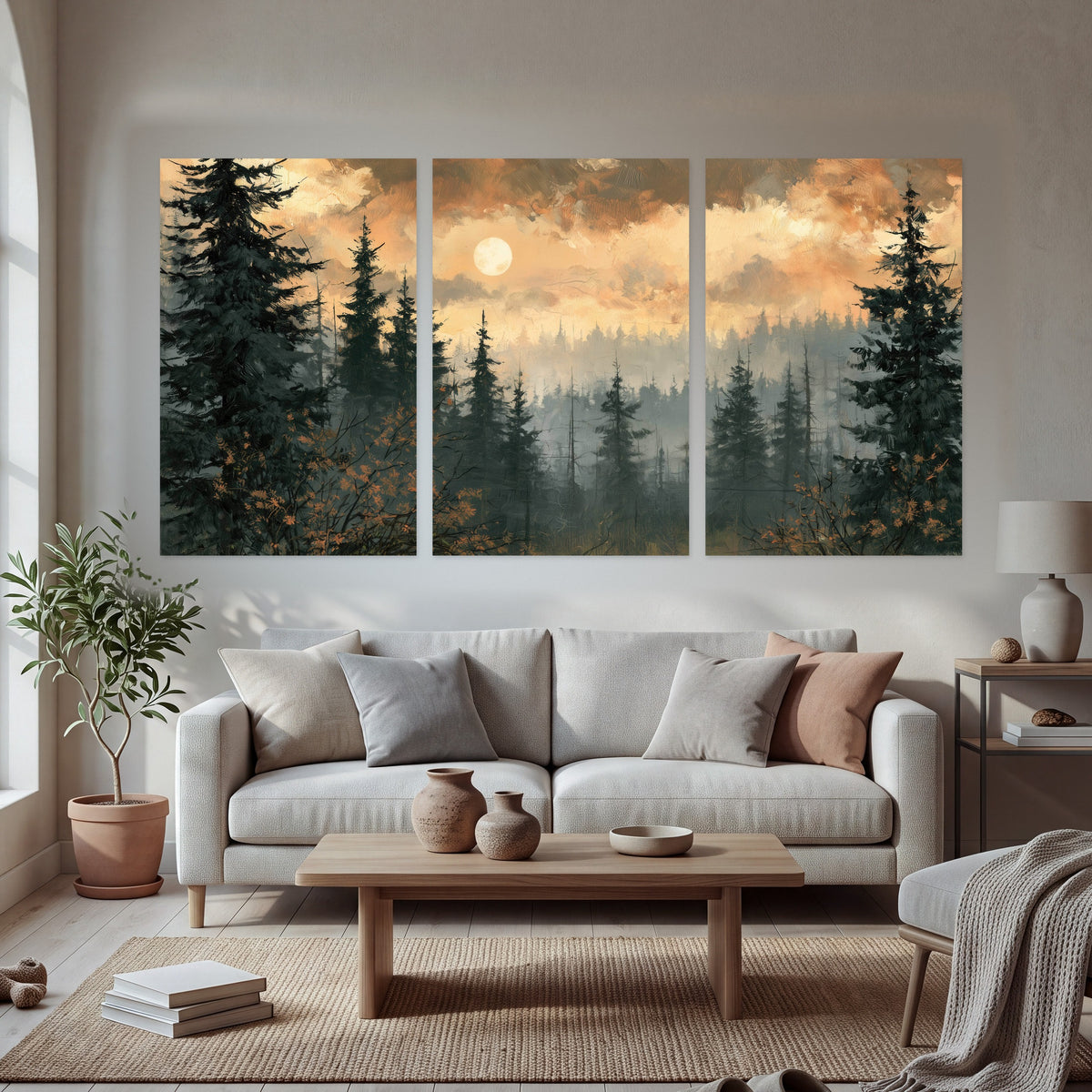 Misty pine forest painting set of 3 poster prints in a bright living room