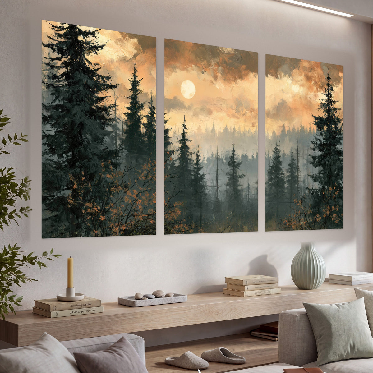 Misty pine forest painting set of 3 poster prints in a living room above a console
