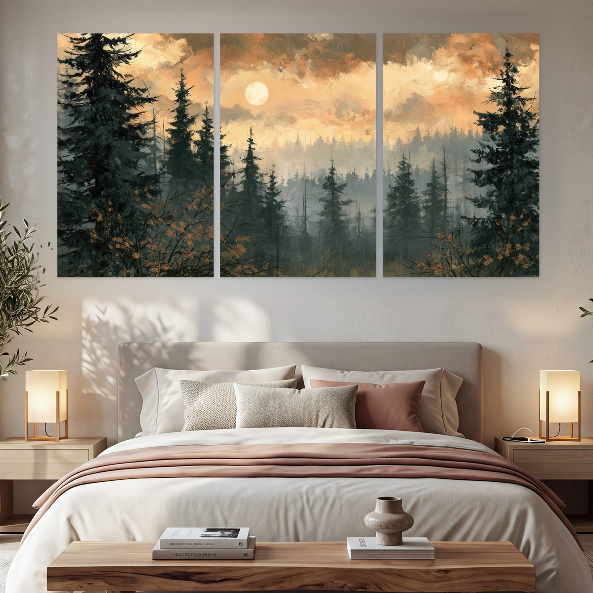 Misty pine forest painting set of 3 poster prints in a bedroom above the bed