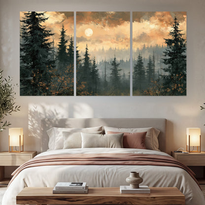 Misty pine forest painting set of 3 poster prints in a bedroom above the bed