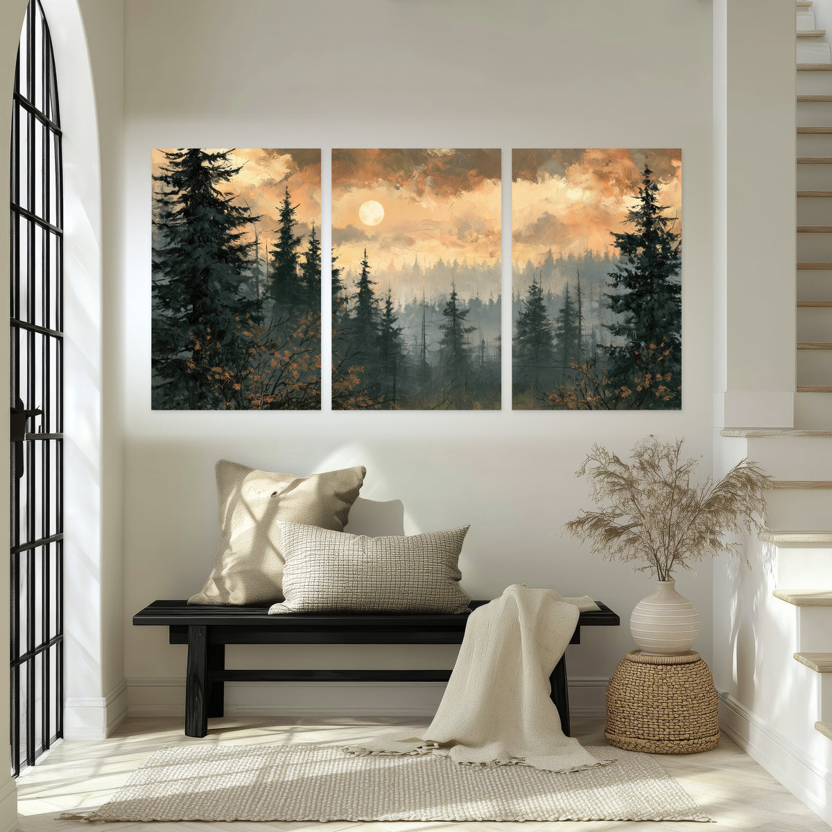 Misty pine forest painting set of 3 poster prints in an entryway above a bench
