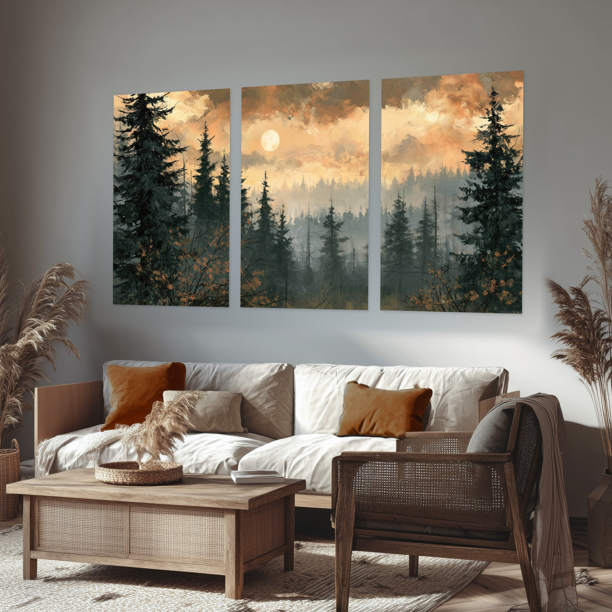 Misty pine forest painting set of 3 poster prints in a rustic living room