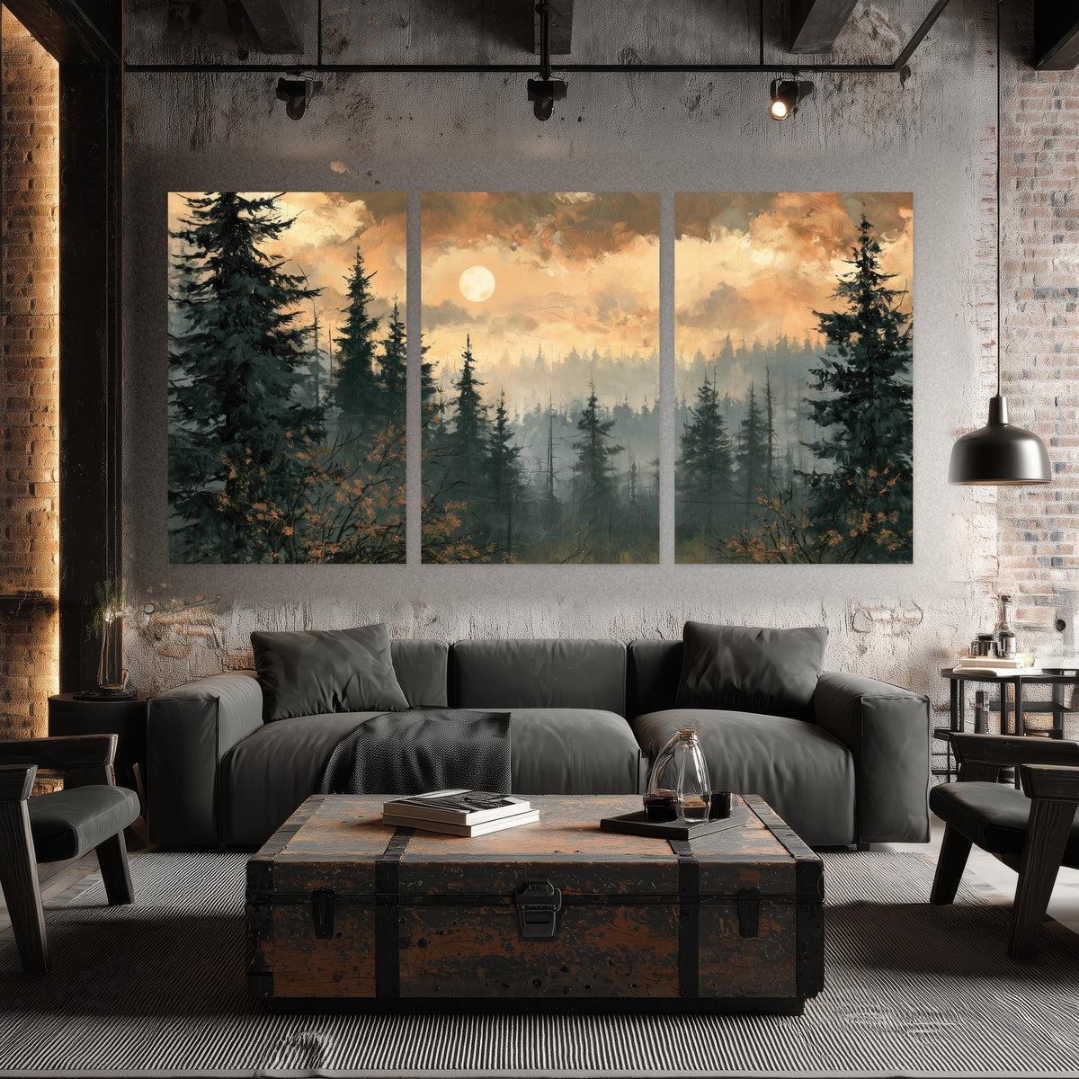 Misty pine forest painting set of 3 poster prints in an industrial loft