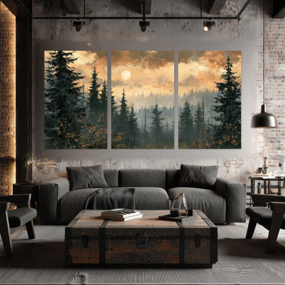 Misty pine forest painting set of 3 poster prints in an industrial loft