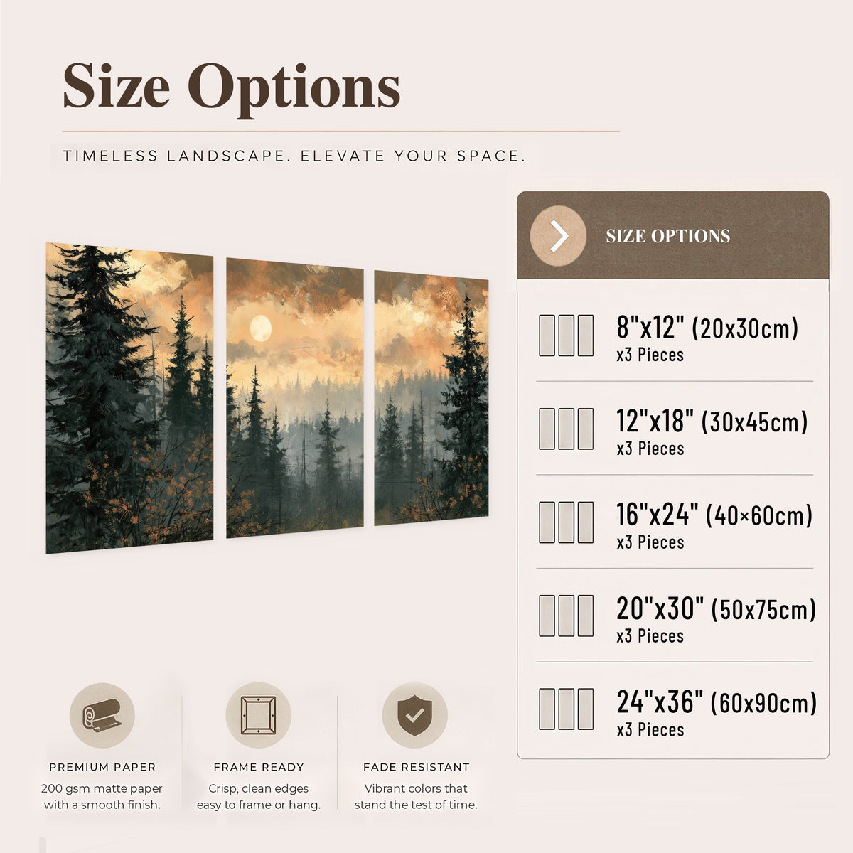 Misty pine forest painting set of 3 poster prints size options