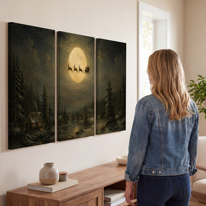 Santa sleigh full moon painting 3 piece canvas wall art in a living room