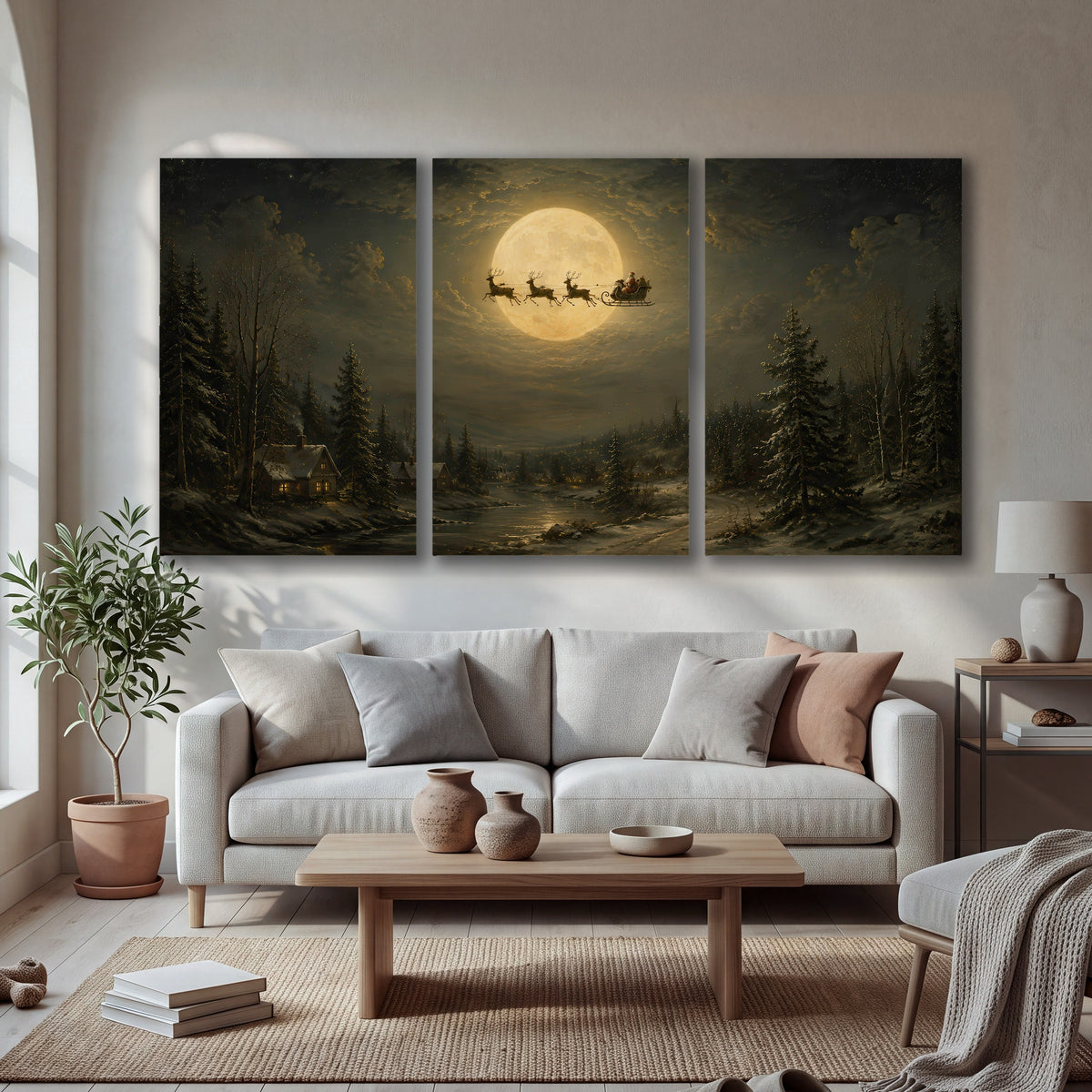 Santa sleigh full moon painting 3 piece canvas wall art in a bright living room