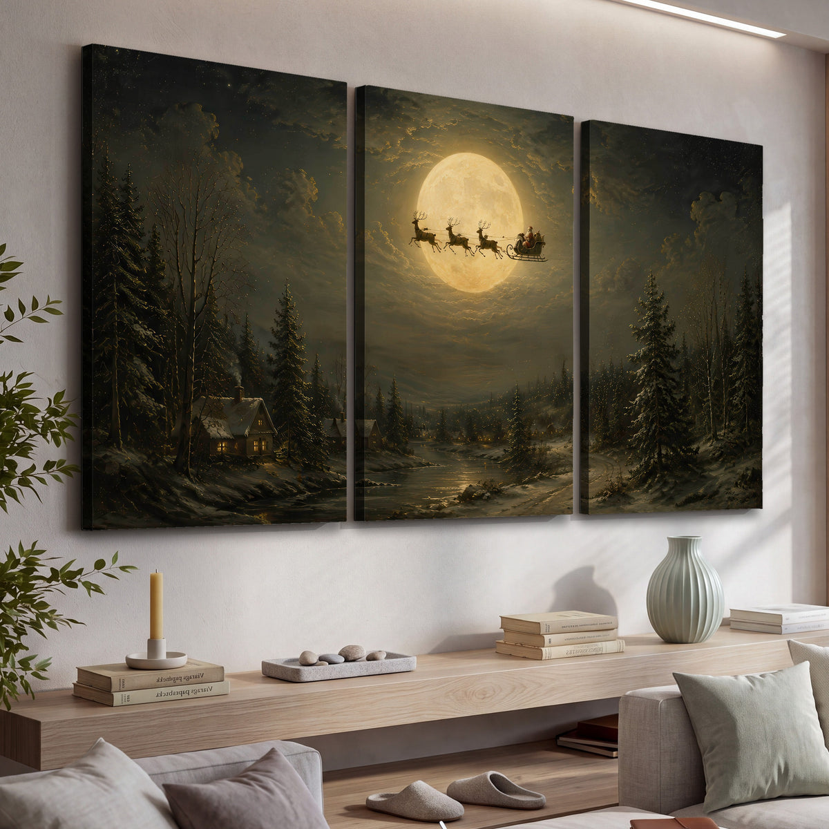 Santa sleigh full moon painting 3 piece canvas wall art in a living room above a console