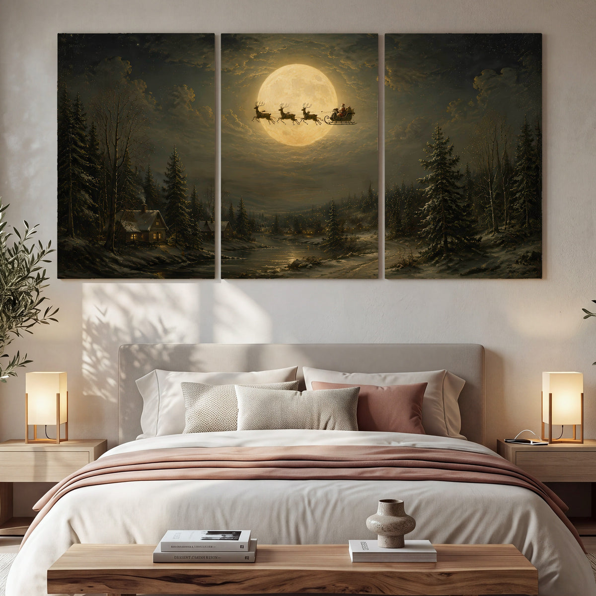 Santa sleigh full moon painting 3 piece canvas wall art in a bedroom above the bed