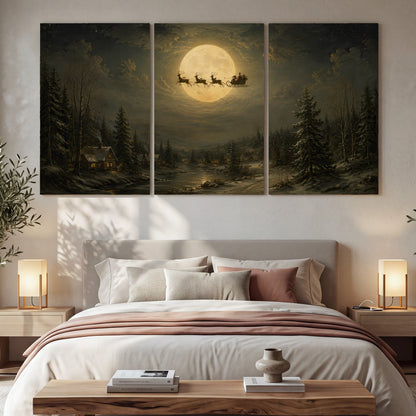 Santa sleigh full moon painting 3 piece canvas wall art in a bedroom above the bed